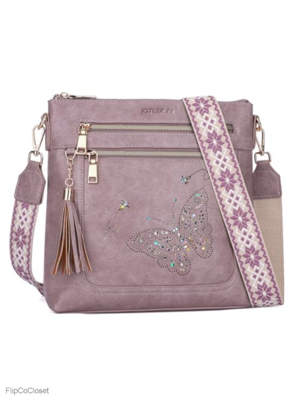 Vegan PU Leather Crossbody Bag Butterfly Cut-Out Sparkling Tassel Shoulder Purse